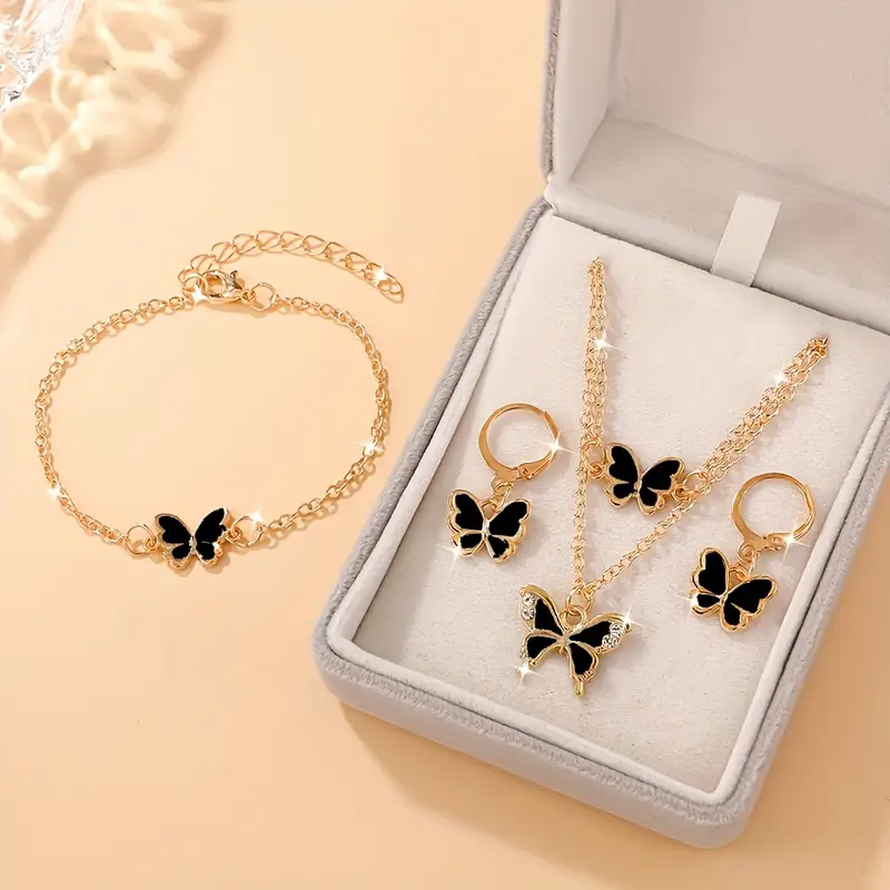 Jewellery Set in Black with Butterfly – Includes Necklace Bracelet Earrings