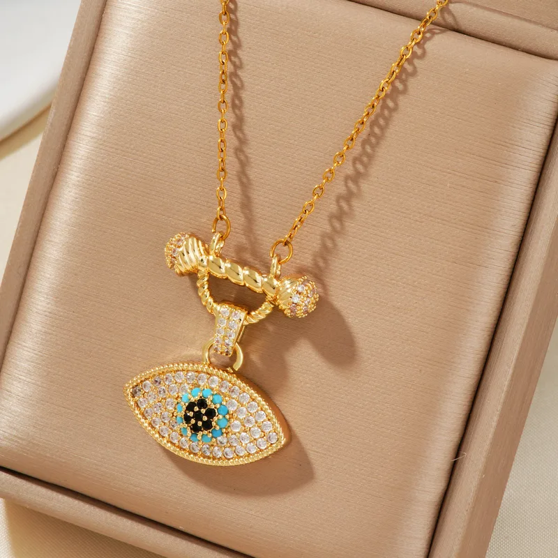 Devil's Eye 304 Stainless Steel Copper Zircon K Gold Plated Rhodium Plated Inlay Lip Chain Cable Chain Pendant Necklace - Image 3