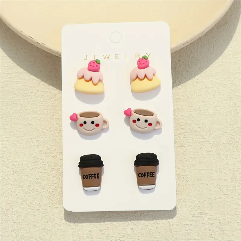 3 Pairs Of/ Card Ladies Cute Strawberry Cake Coffee Cup Coffee Design Stud Earrings Cute Cartoon Style Resin Jewellery Female Gift