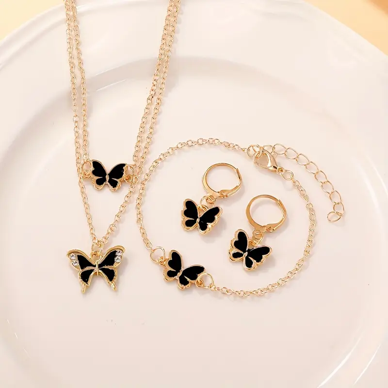Jewellery Set in Black with Butterfly - Includes Necklace Bracelet Earrings - Image 4