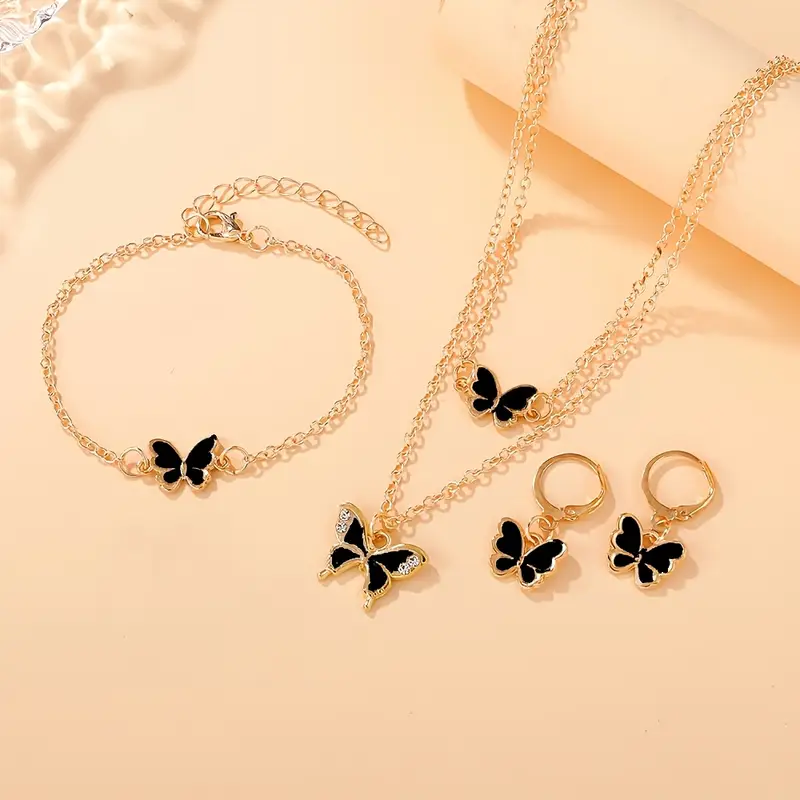 Jewellery Set in Black with Butterfly - Includes Necklace Bracelet Earrings - Image 3