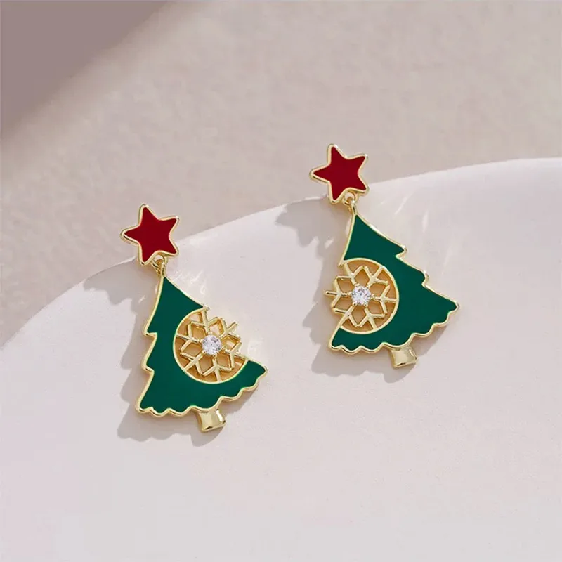 Christmas Tree Enamel Alloy Rhinestones Ear Studs