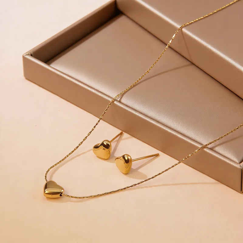 18K Gold Plated Stainless Steel Heart-Shaped Three-Dimensional Jewellery Set