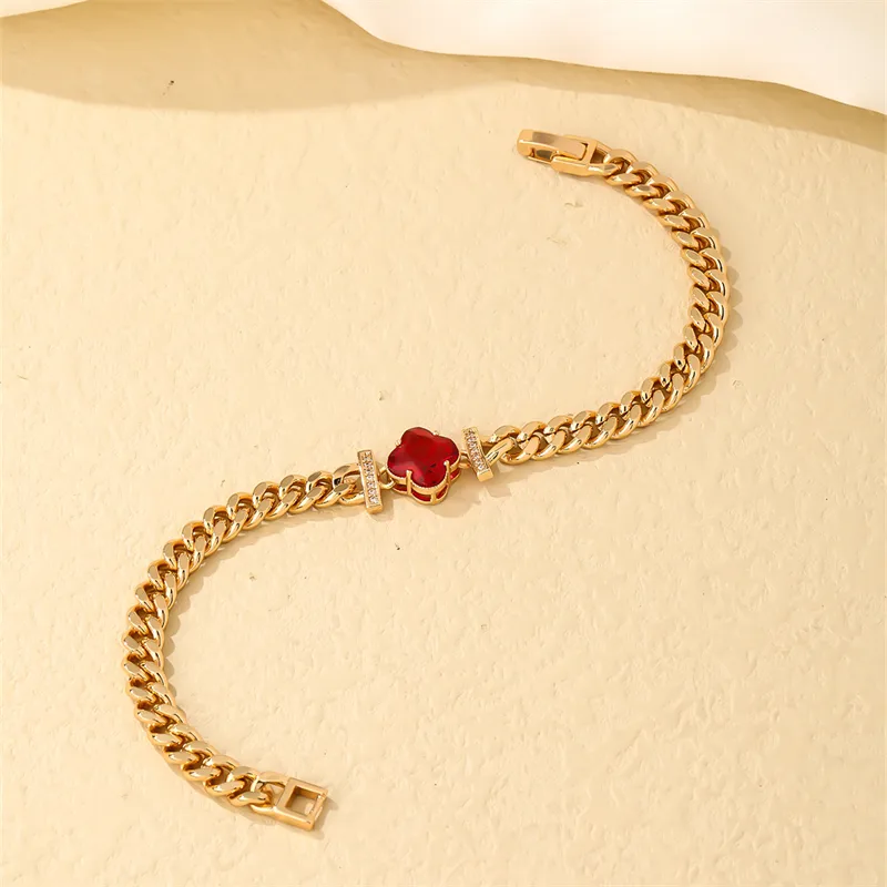 Stainless Steel Copper K Gold Plated Four Leaf Clover Heart Shape Zircon Bracelet - Image 2