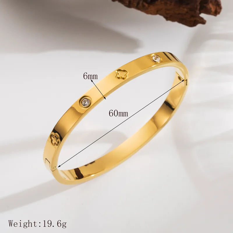 Four Leaf Clover Stainless Steel 18K Gold Plated Zircon Bangle - Image 2