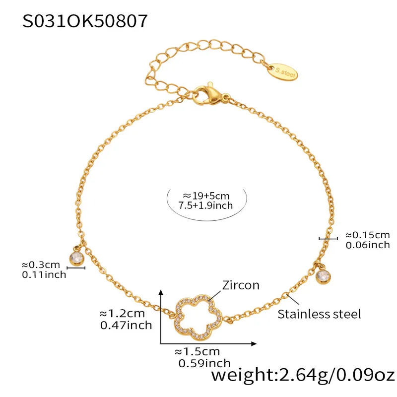 Stainless Steel Five-Petal Flower Anklet 18K Gold Plated Zirconia - Image 2